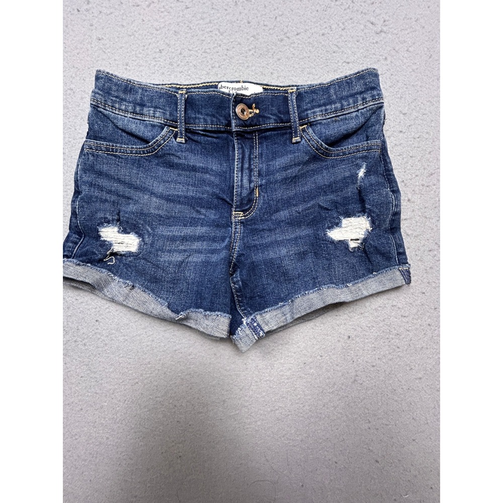 Abercrombie Kids Mid-Rise Midi Short Denim Dark Wash Distressed 13/14 Girls